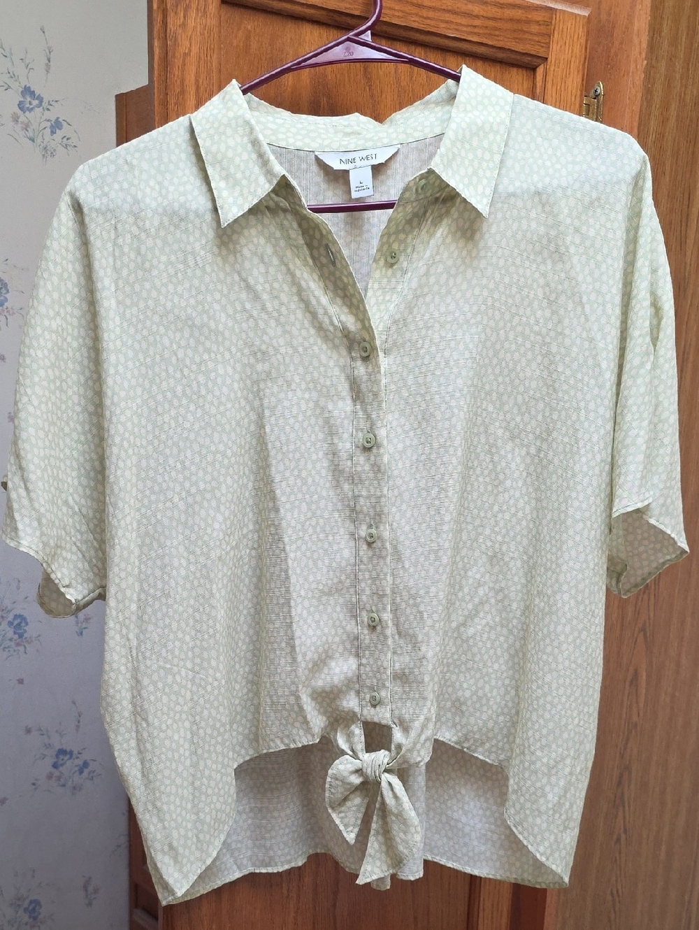 Nine West Pale Green Tie-Front Button Blouse